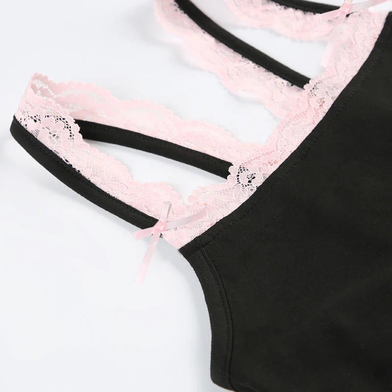 Contrast Lace Patchwork Square Collar Skinny Sexy Straps Rompers Playsuits Sweet Cute Y2K Clothing