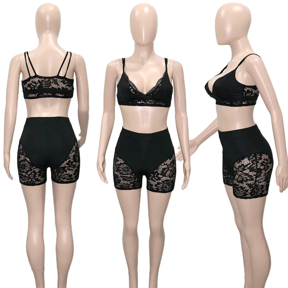 HLJ&GG Sexy Lace Hollow See Though Two Piece Sets Women V Neck Spaghetti Strap Slim Crop Top + Shorts Outfits Fashion Streetwear