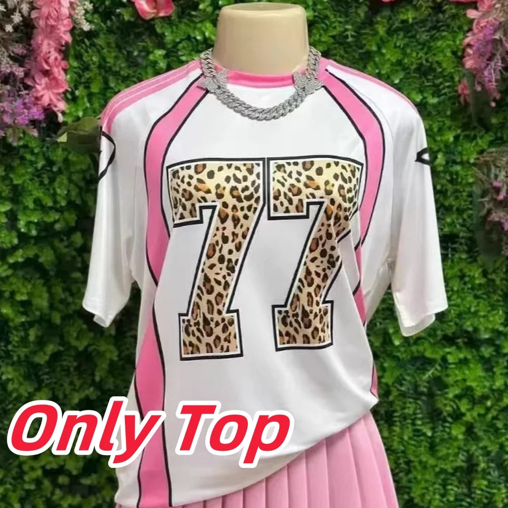 HLJ&GG Fashion Y2K Letter Leopard Puffy Mini Skirts Two Piece Sets Women Round Neck Short Sleeve Top + Skirts Outfits Streetwear