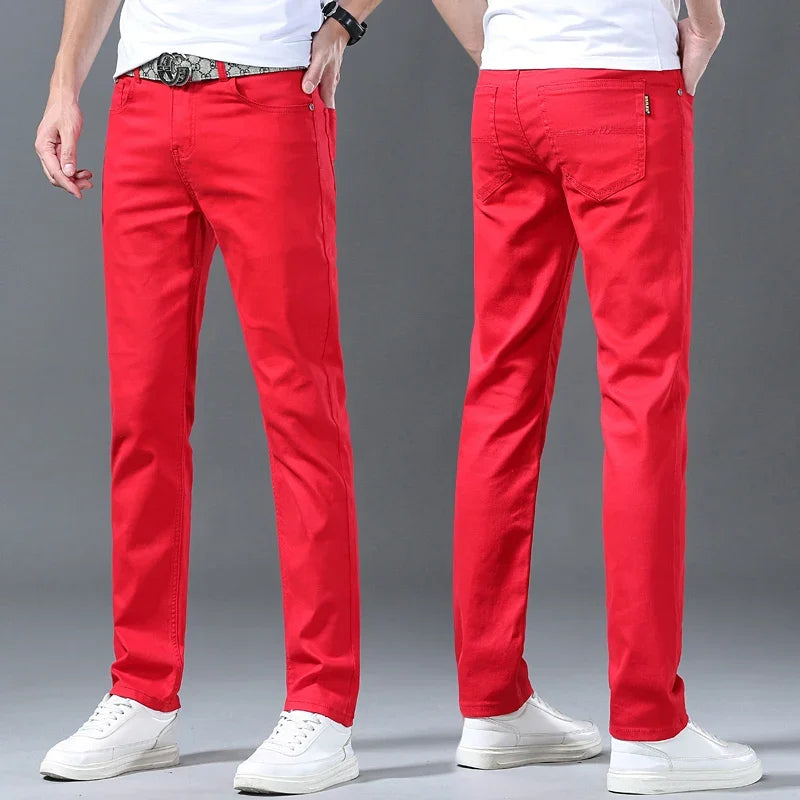 White Yellow Pink fashion 5 Color Men's Cotton Casual Pants Jeans Slim Straight Solid Color Business Trousers Four Seasons Brand