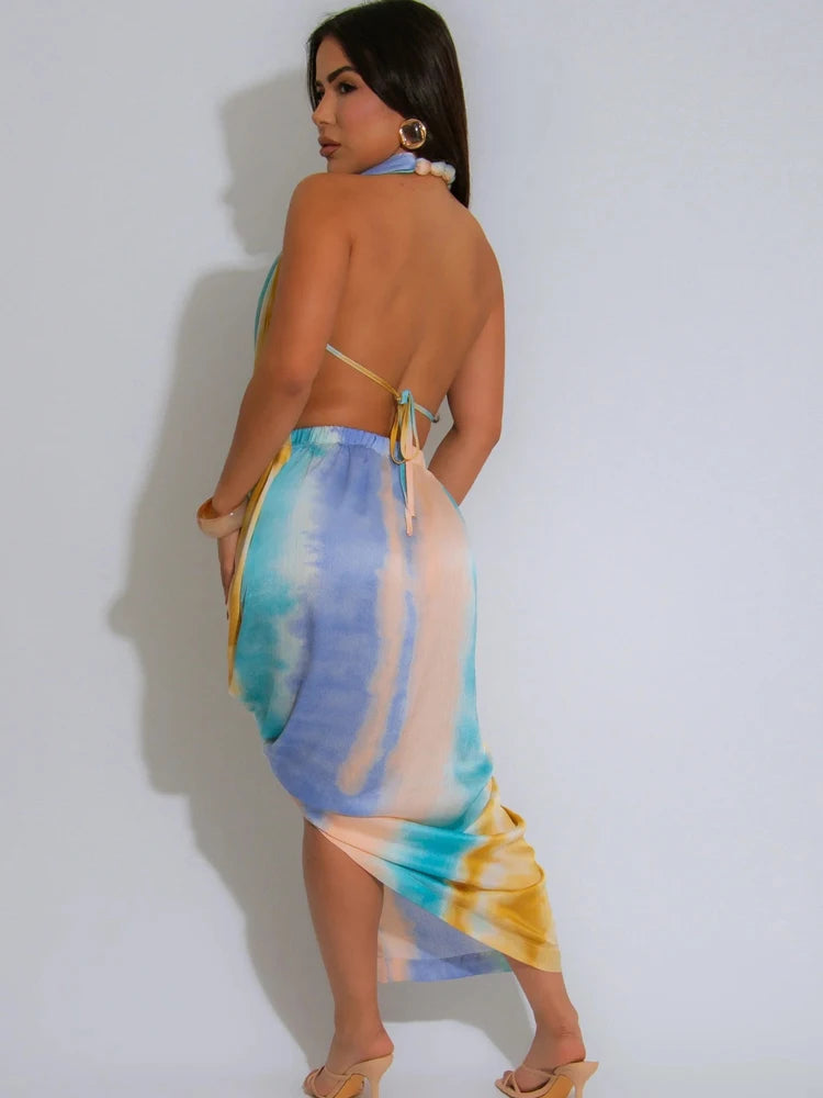 Kricesseen Tropical Women's Halter Neck High Slit Tie Dye Midi Dress Summer Bandage Beach Dress Swimwear Beach Cover-Up Dress