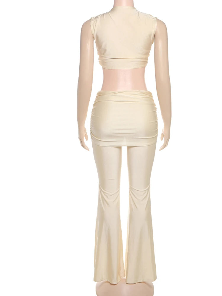 Weird Puss Wire Folds 2 Piece Set Women Chic Y2K Hollow Sliky Tank Tops+Shirring Pants Female Trend Sexy Street Matching Suits