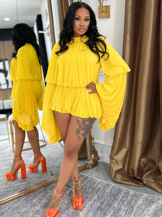 Kricesseen Luxury Girl Sheer Mesh Ruched Playsuits Women's Sexy Ruffles Tierred Zipper Back Rompers Holiday Outfits Clubwear