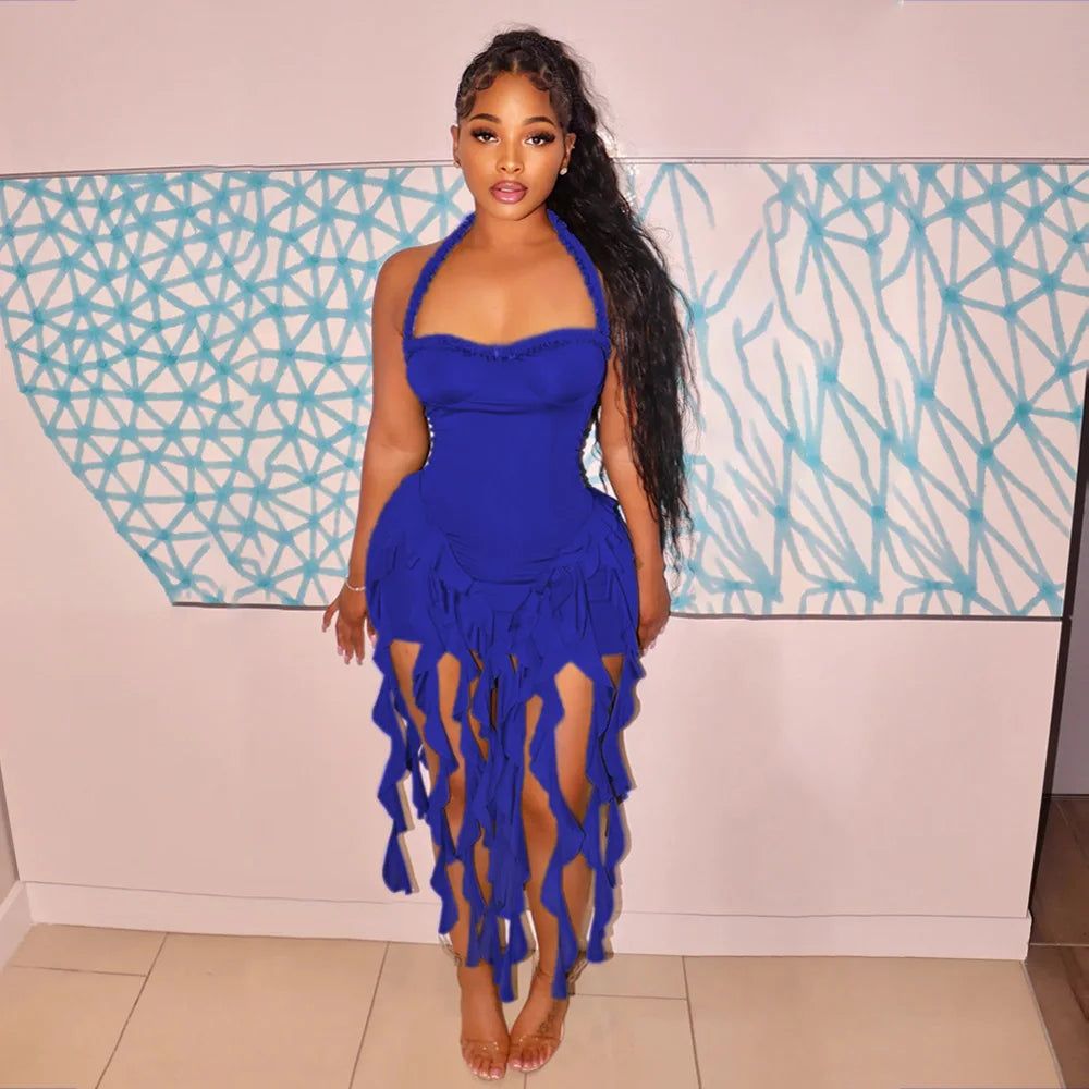 Weird Puss Sexy Halterneck Dress Women Chic Irregular Tassel Hem Backless Midnight Skinny Stretch Birthday Party Club Bodycon