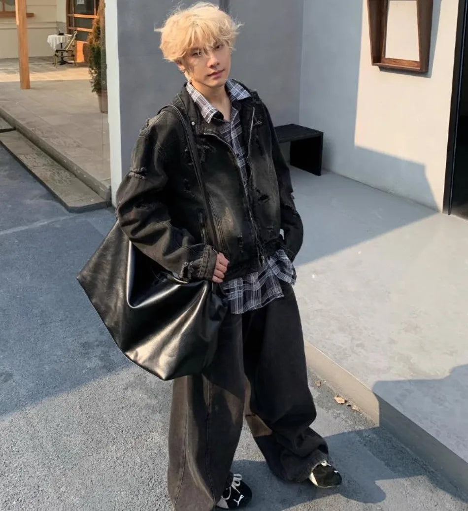 New Hooded Mens Denim Jacket 2024 American Retro High Street Loose Couple Tops Hip Hop Streetwear Trendy Washed Cowboy Coats