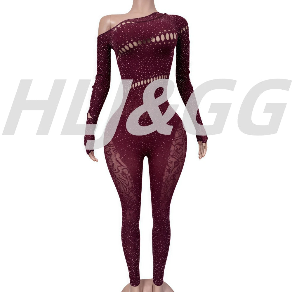 HLJ&GG Sexy Rhinestone Hollow Bodycon One Piece Jumpsuits Women One Shoulder Long Sleeve Slim Playsuit Fashion Clubwear Overalls
