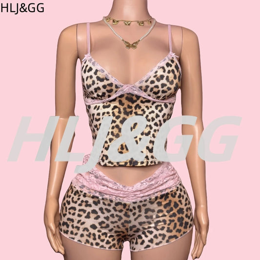 HLJ&GG Fashion Leopard Lace Stitching Two Piece Sets Women V Neck Spaghetti Strap Slim Crop Top + Shorts Outfits Sexy Streetwear