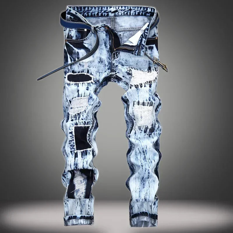 Denim Embroidered Patchwork Ripped Jeans (without Belt) Slim Fashion High Street Motorcycle Denim Pants Male Designer Clothes, men's jeans