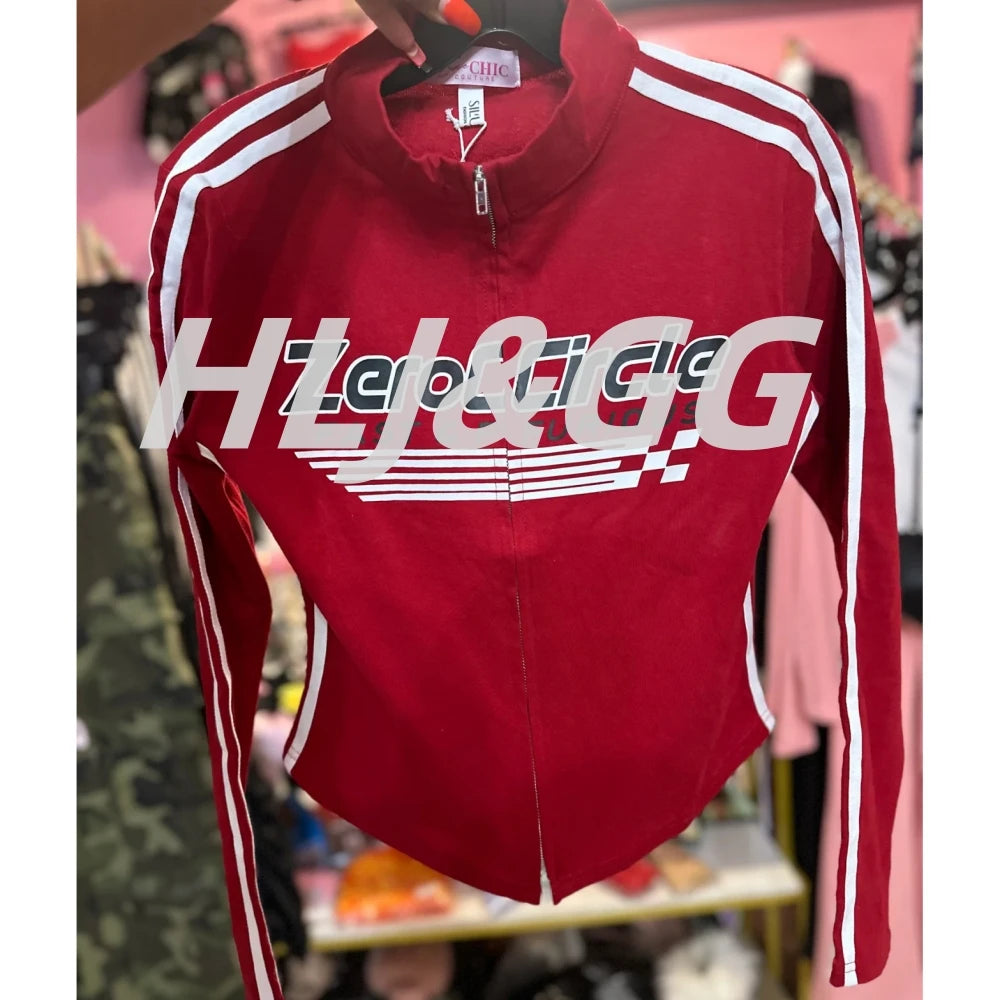 HLJ&GG American Vintage Letter Print Two Piece Sets Women Zip Long Sleeve Slim Top+jeans Pocket Pants Outfits Fashion Streetwear