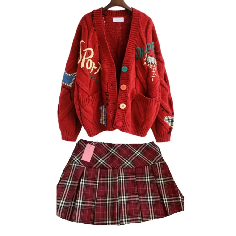 HLJ&GG Winter Embroidery Knit Sweater Coats Two Piece Sets Women Button Long Sleeve Top And Plaid Aline Skirts Outfit Streetwear