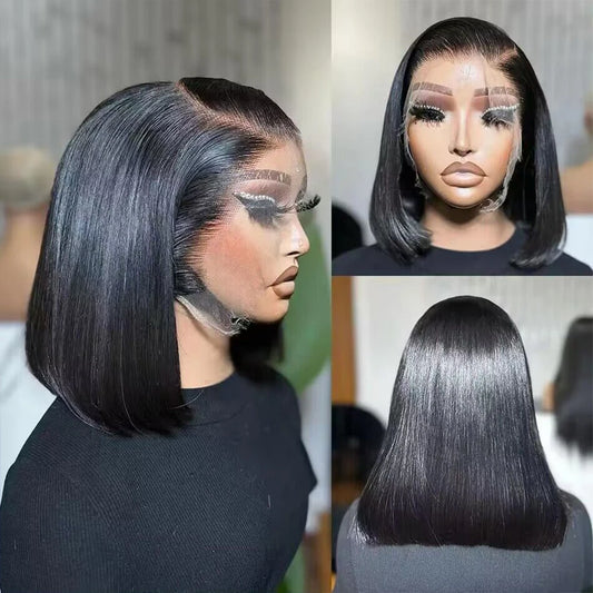 200% Density 13x4 Short Bob Straight Brazilian Remy Hair HD Transparent Lace Full Lace Frontal Wigs 100% Human Hair For Women