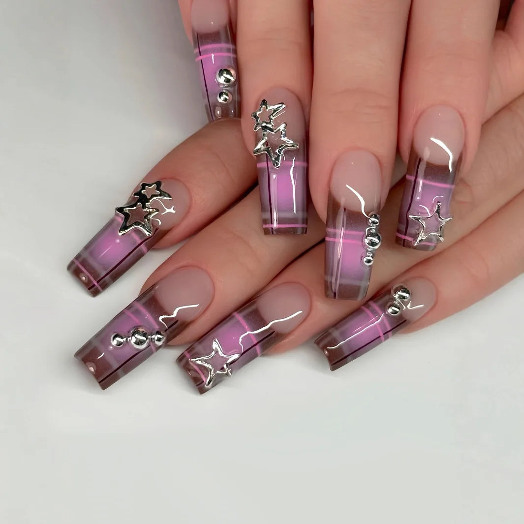 24pcs Long Ballet French Press on Nails with Cute Pink Bow Shiny Diamond Decor False Nail Tips Wearable Sweet Korean Fake Nails