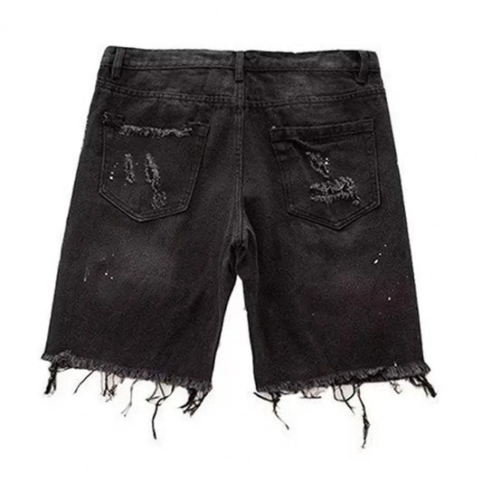 Deformed-resistant Denim Shorts Men's Summer Distressed Denim Shorts Straight Fit Ripped Holes Knee Length Jeans with Multi
