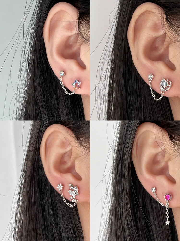 1PCS Pink Love Heart Chain Double Ear Hole 316L Stainless Steel Ear Bone Nail Y2K Fashion Hottie Earrings for Women Jewelry