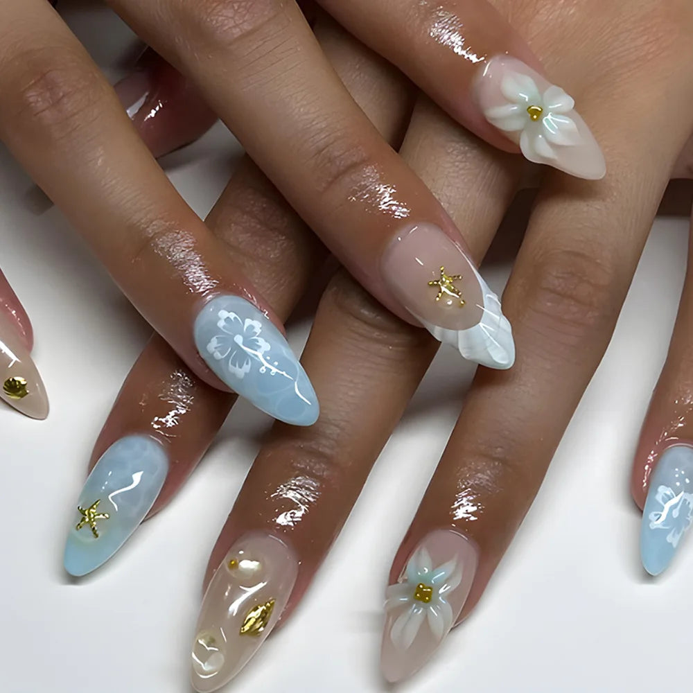 24pcs Summer Almond Press on Nails Ins Simple Flower Shell Decor French False Nails Wearable Reusable Fake Nails for Women Girl