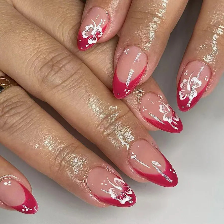 24Pcs Fairy White Flower Fake Nails Pink French Tip Press on Nails Short Square Wearable False Nail for Girls DIY