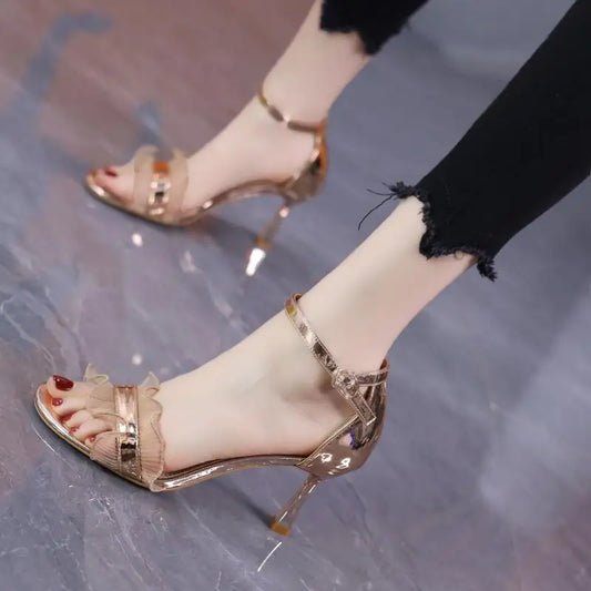 Heeled Women's Sandals Open Toe Stiletto Ladies Shoes 2025 Luxury Vintage Low Price Pvc Summer Comfortable Sale Trend Korea Shoe