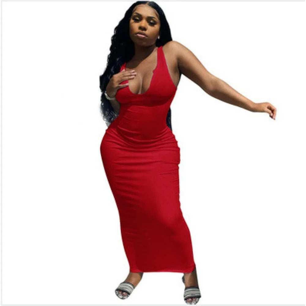 HLJ&GG Summer New Deep V Bodycon Long Dresses Women Sleeveless Backless Slim Vestidos Sexy Female Solid Color Streetwear Robe