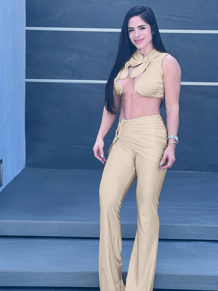 Weird Puss Wire Folds 2 Piece Set Women Chic Y2K Hollow Sliky Tank Tops+Shirring Pants Female Trend Sexy Street Matching Suits