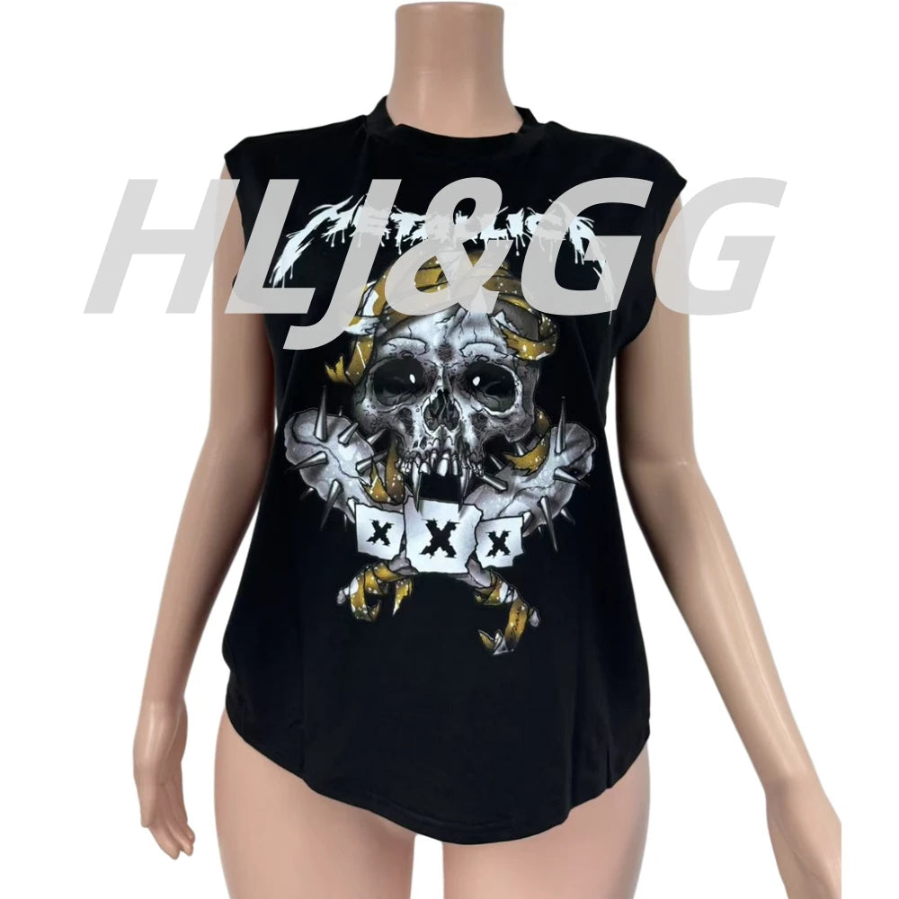 HLJ&GG Fashion Street Letter Print Tshirts Two Piece Sets Women O Neck Sleeveless Top And Shorts Outfits Y2K Female Streetwear
