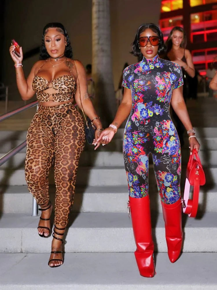 Weird Puss Peach Buttocks Jumpsuit Women Backless Leopard Print Shorts Sleeve Fitness Summer Trend Streetwear Workout Overalls