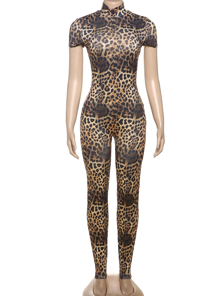 Weird Puss Peach Buttocks Jumpsuit Women Backless Leopard Print Shorts Sleeve Fitness Summer Trend Streetwear Workout Overalls