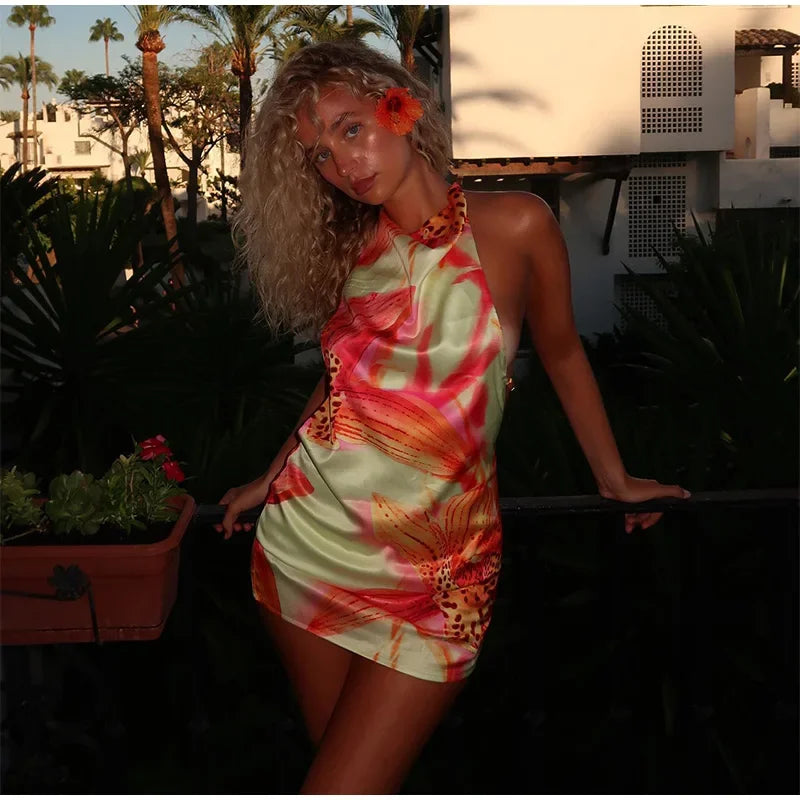 Backless Satin Short Dress Women Sexy 3D Flower Print Lace Up Sleeveless Halter Dresses 2025 Summer Beach Vacation Lady Vestisos