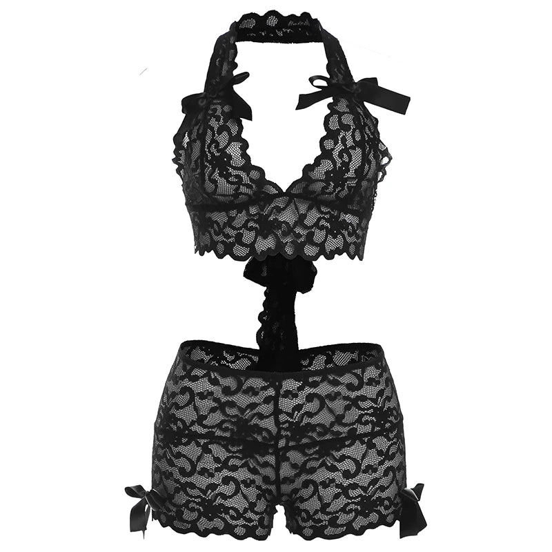 Weird Puss Mesh Sexy Bow 2 Piece Set Summer Women Halter Backless Lace Tank Tops+Shorts Matching Clubwear Coquette Hipster Suits