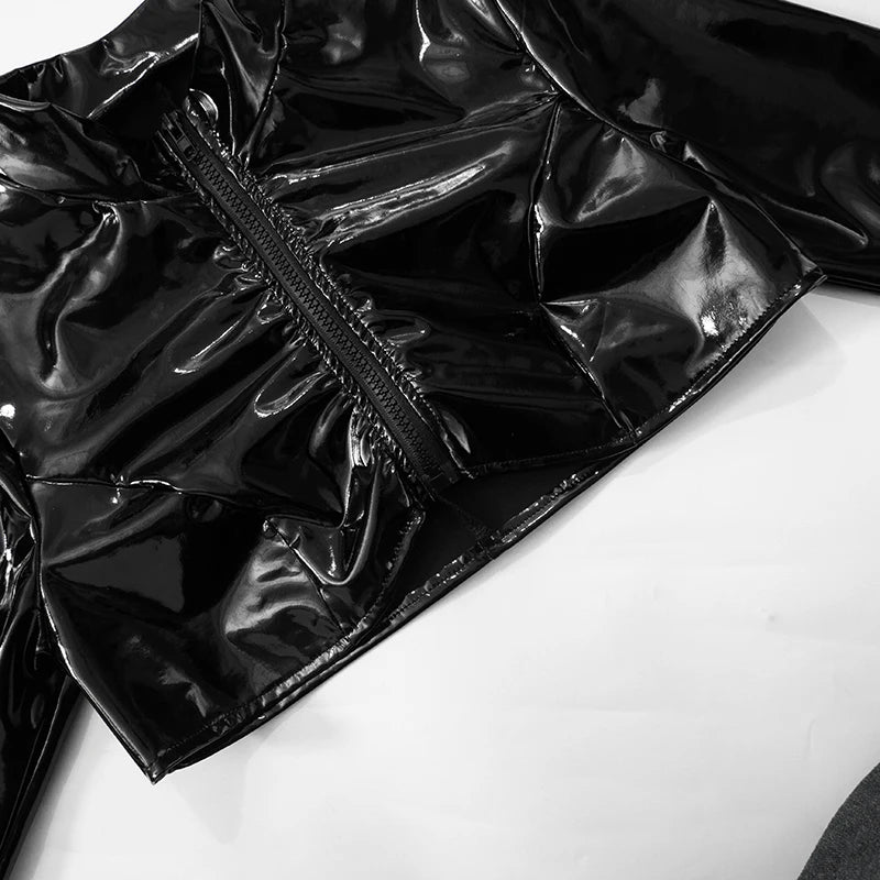 Weird Puss PU Patchwork Sexy 2 Piece Set Women Autumn Hipster Full Zip Crop Jacket+Shorts Matching Clubwear Midnight Outfits