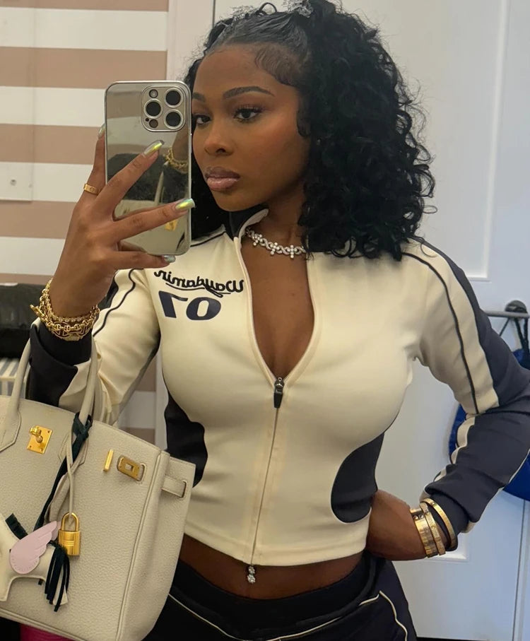 STYLISH LADY Letter Printed 2 Piece Set Women Long Sleeve Crop Top and Skinny Pant Suits 2025 Summer Casual Street Tracksuits