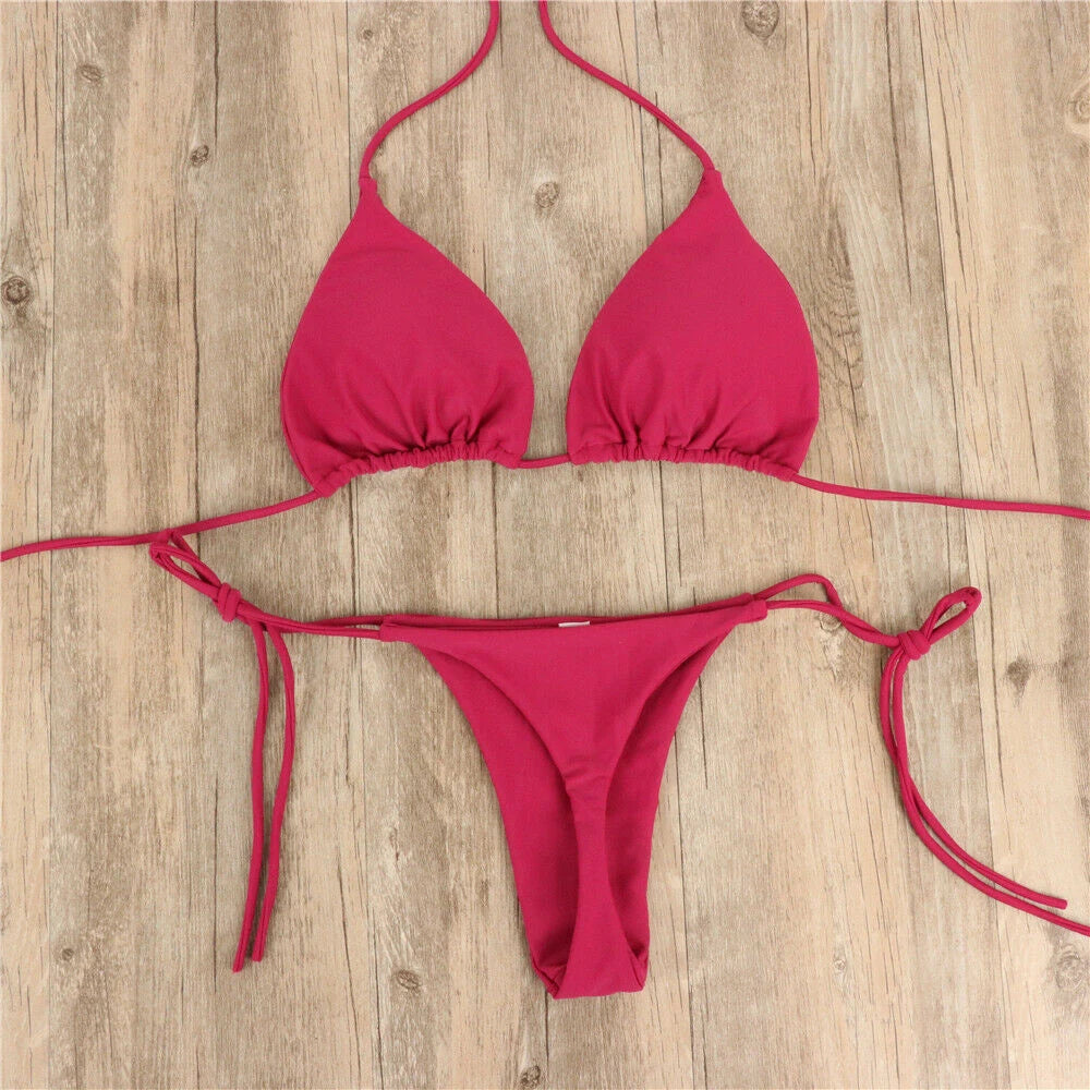 Sexy Women's Side Halter Tie Swimsuit Thong Bikini Set Ladies Split Strap Adjustable Bandage Style Brazilian Swimwear Beachwear