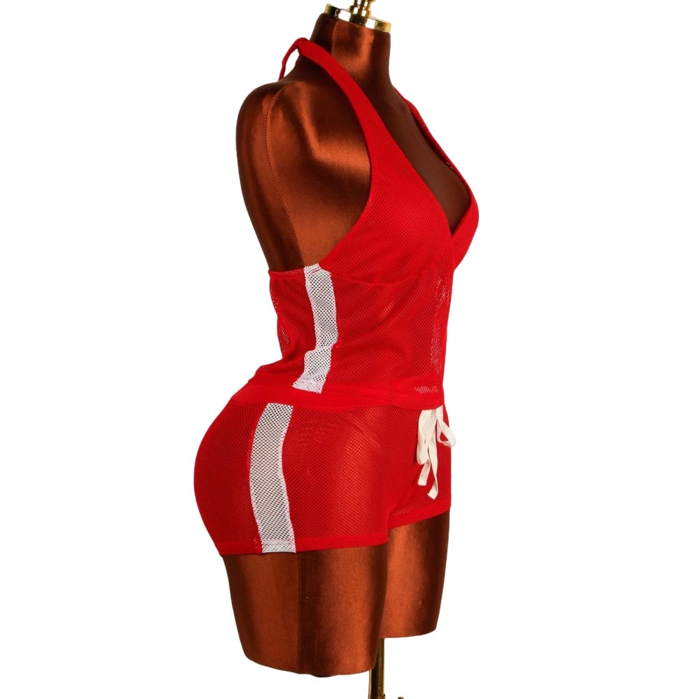 HLJ&GG Red Fashion Mesh Letter Print Two Piece Sets Women Halter Slim Crop Top+Drawstring Shorts Outfits Y2K Summer Streetwear