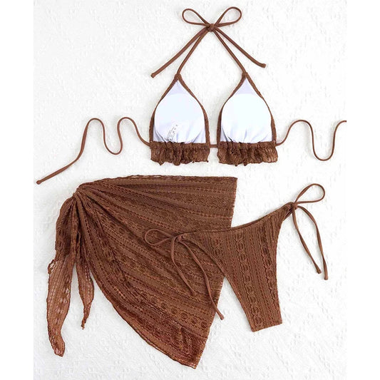 Sexy Bikini Set Bathing Suit Women Triangle Spliced Ruffles Halter Bikini Push Up Bandage Cover Up Beachwear 3 Piece Swimsuit