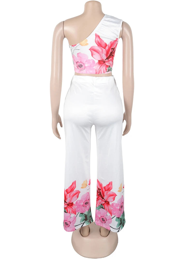 Kricesseen Women's Floral Jumpsuits 2 Piece Outfits Elegant Flower Print Crop Top And Wide Legs Pant Set Clubwear Overalls