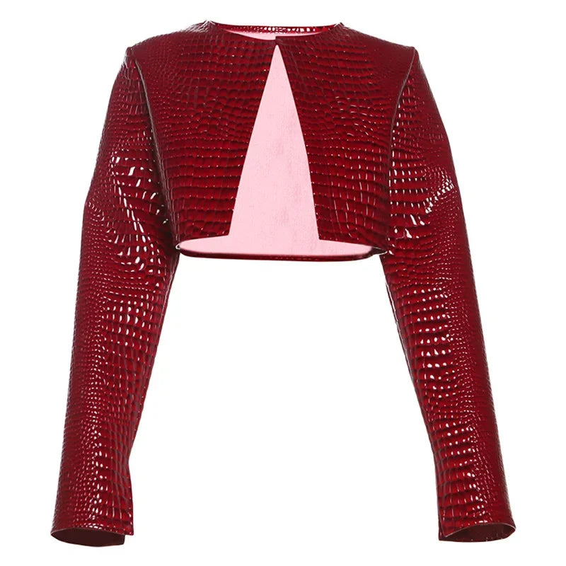HLJ&GG Fashion Y2K Leather Snake Jacket Coat Three Piece Sets Women Lapel Long Sleeve Crop Top+Shorts Outfits Trend Streetwear