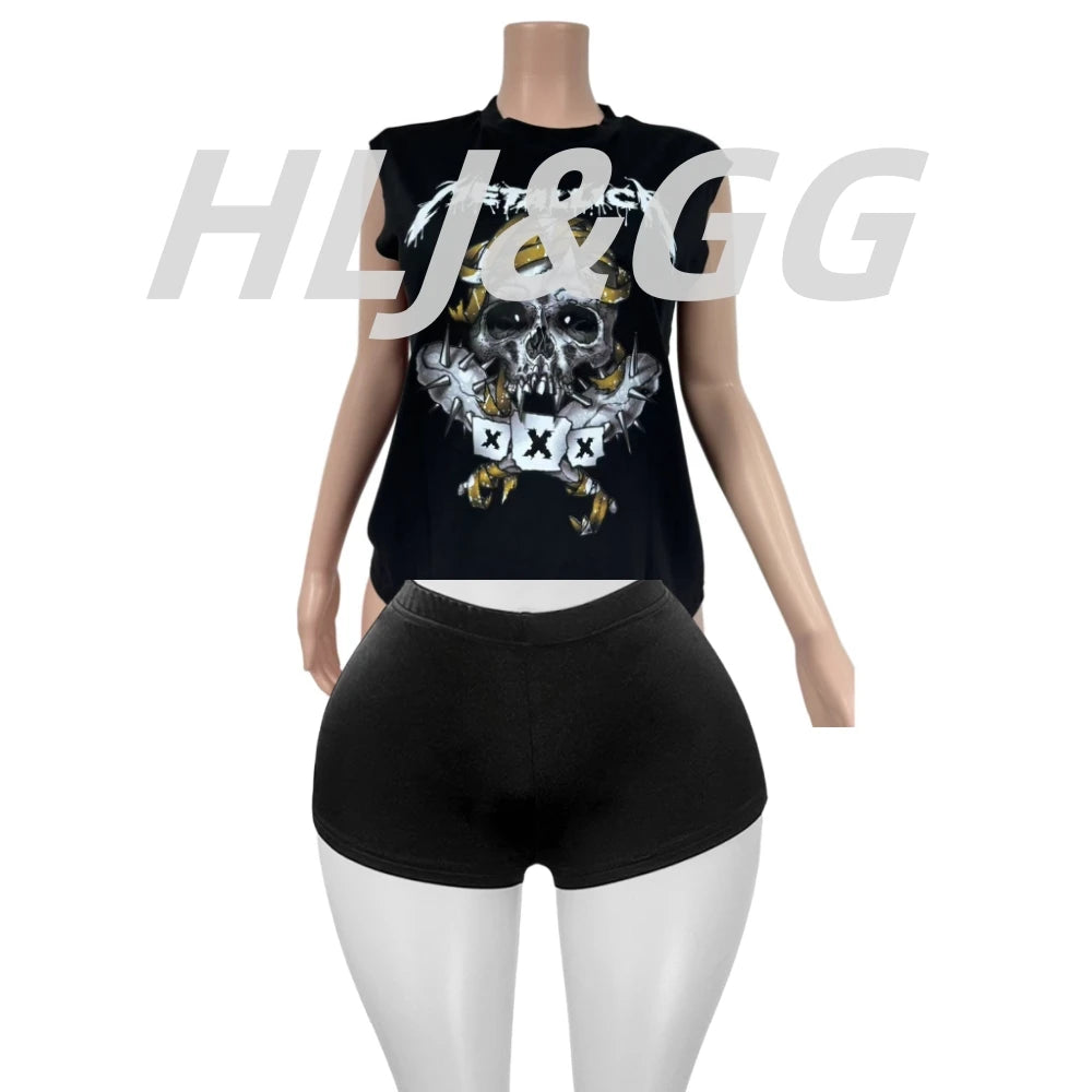 HLJ&GG Fashion Street Letter Print Tshirts Two Piece Sets Women O Neck Sleeveless Top And Shorts Outfits Y2K Female Streetwear