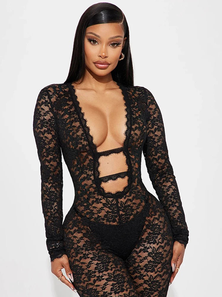 Weird Puss Sexy Jacquard Jumpsuit Women Sexy Mesh Patchwork Low-Neck Hollow Full Sleeve Skinny Midnight Party Clubwear Overalls