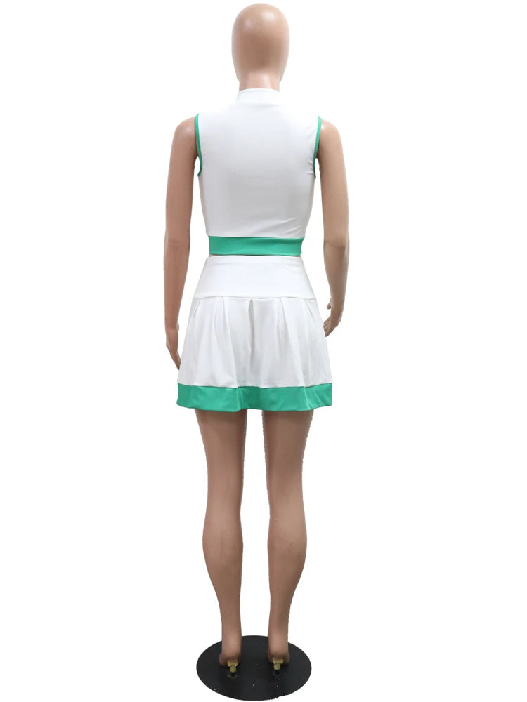 Kricesseen Women's Patchwork Zippers Crop Top And Ruched Skirt Set Two-Piece Sporty Tracksuits Set Night Club Outfits