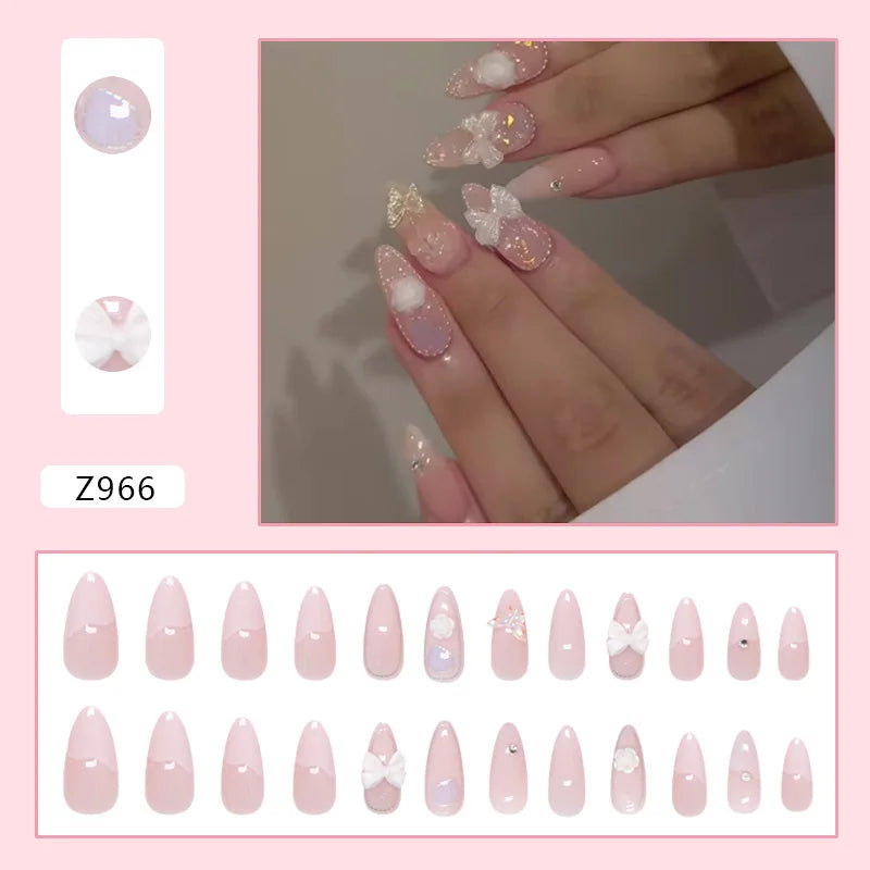 24pcs Pink White Girl Wearing Fake Nails with 3D Bow Design Shiny Pink French False Nails Wearable Full Cover Press on Nails