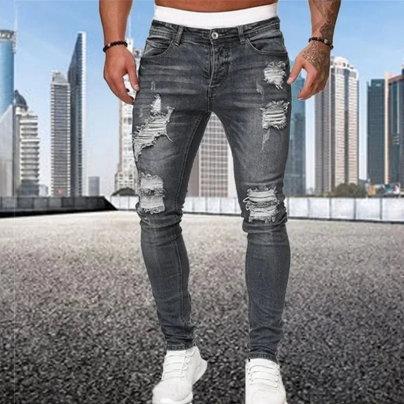 2024 New Retro Ripped Pencil Small Foot Skinny Jeans for Men Motorcycle Streetwear Stretch Straight Casual Slim Jeans Male