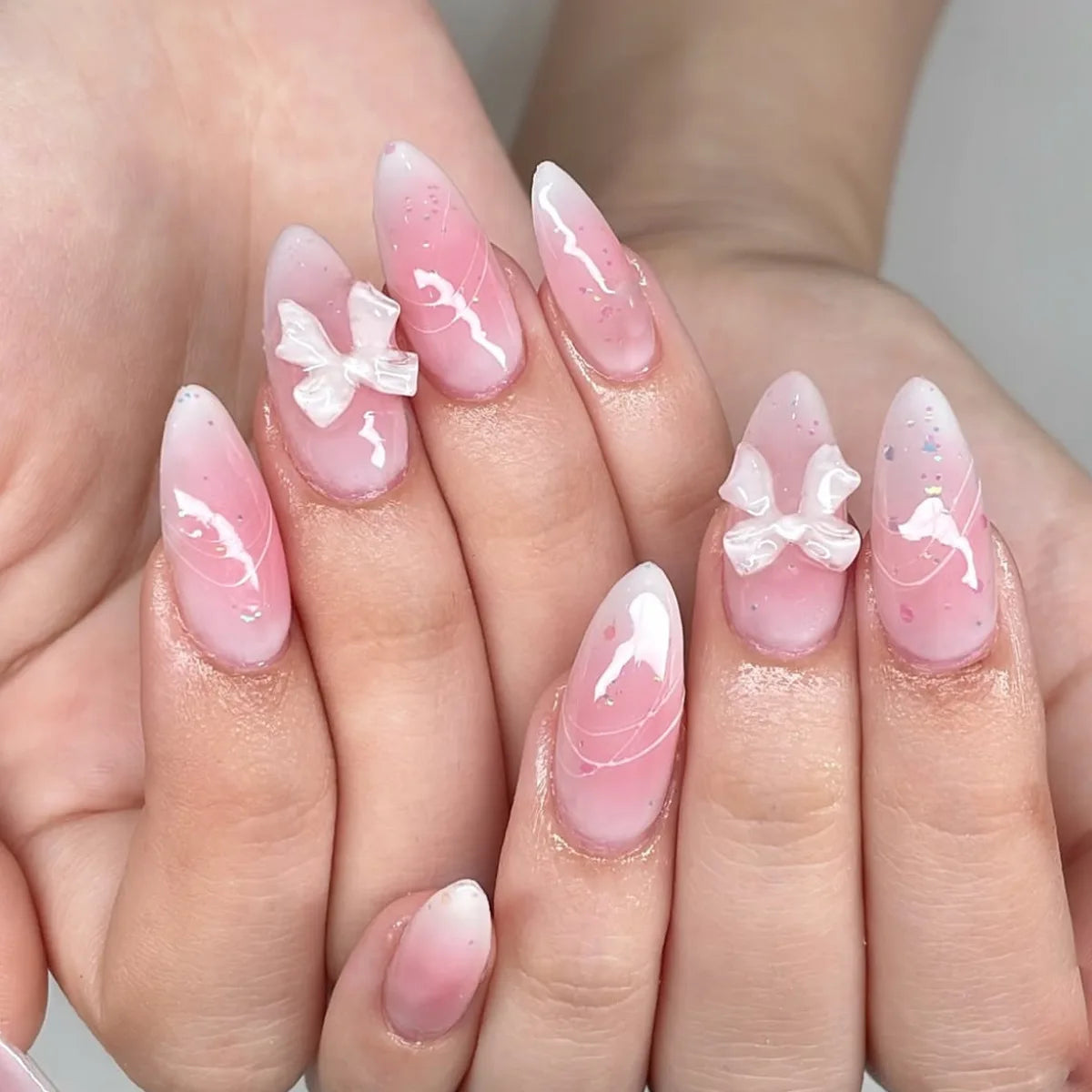 White French Press on Nails 3D Bowknot Fake Nails Tips Full Cover Wearable False Nails for Women and Girls DIY 24Pcs