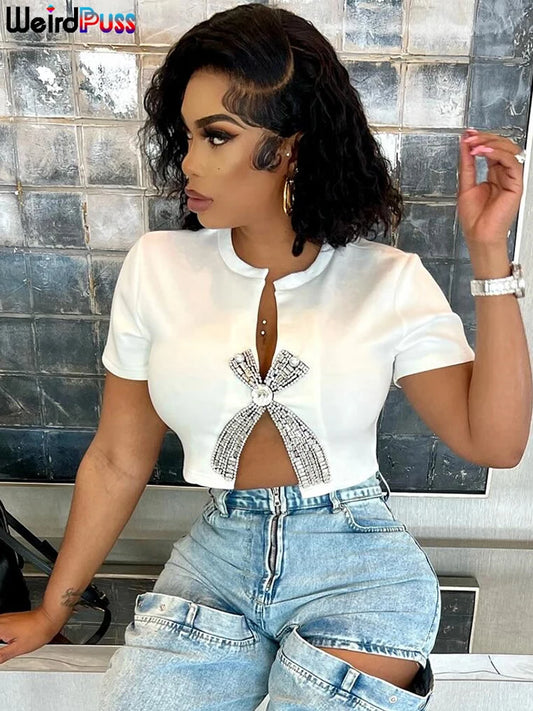 Weird Puss Open Split Women Tees Rhinestone Decoration Low Neck Slim Mini Wild Tops Sexy Hot Girls Nightout High Street Clubwear