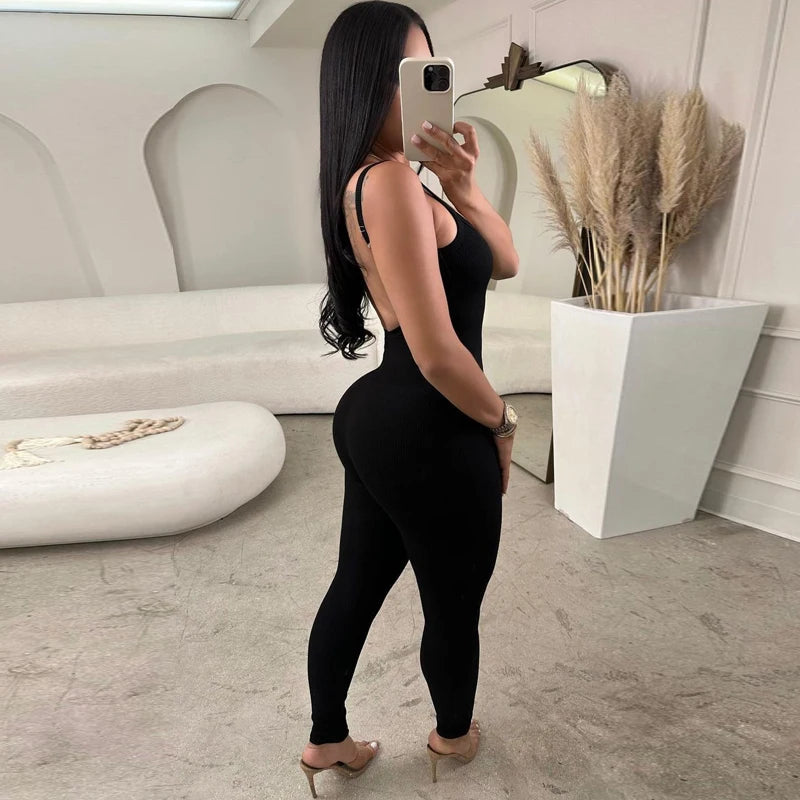 Hugcitar 2024 Fashion Ribbed Solid Slips Backless Sexy Skinny One Piece Jumpsuit Women Y2K Romper Vacation Sport Overalls