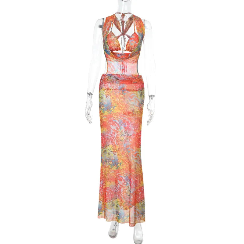 HLJ&GG Sexy Deep V Mesh See Though Bandage Long Dresses Women Tie Dye Print Sleeveless Backless Slim Vestidos Fashion Streetwear