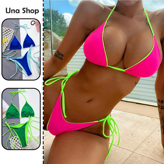 Una-Shop Neck Hanging Bikinis Sets With Adjustable Straps Swimsuit For Women Summer Beach Swimming Pool Party Bikini Swimwear
