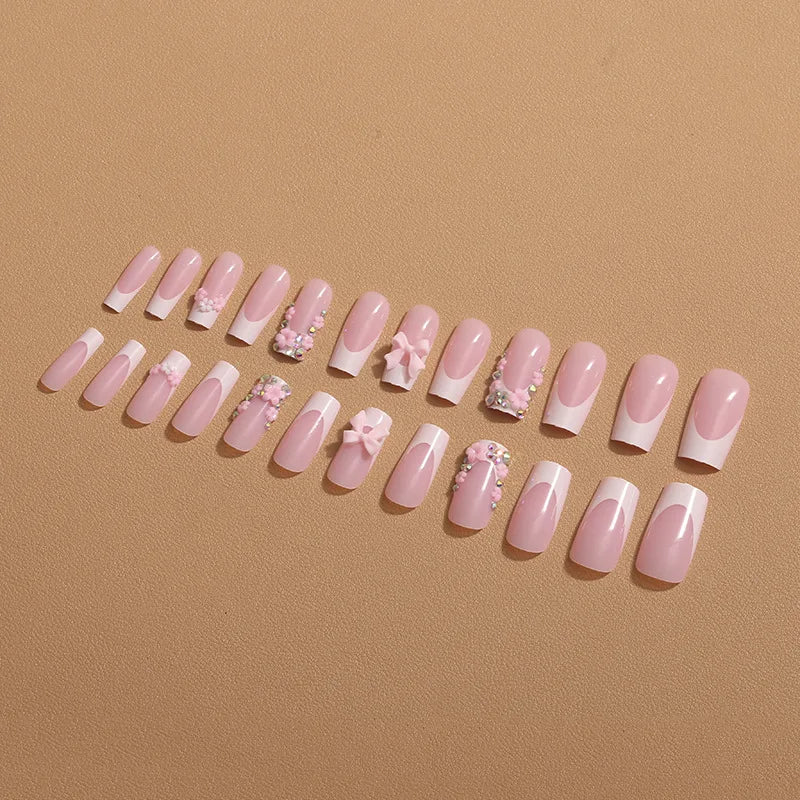 24pcs Nude Pink False Nails Patches 3D Bowknots Flower Press On Nails 2024 New Wearable White French Style Fake Nail Tips