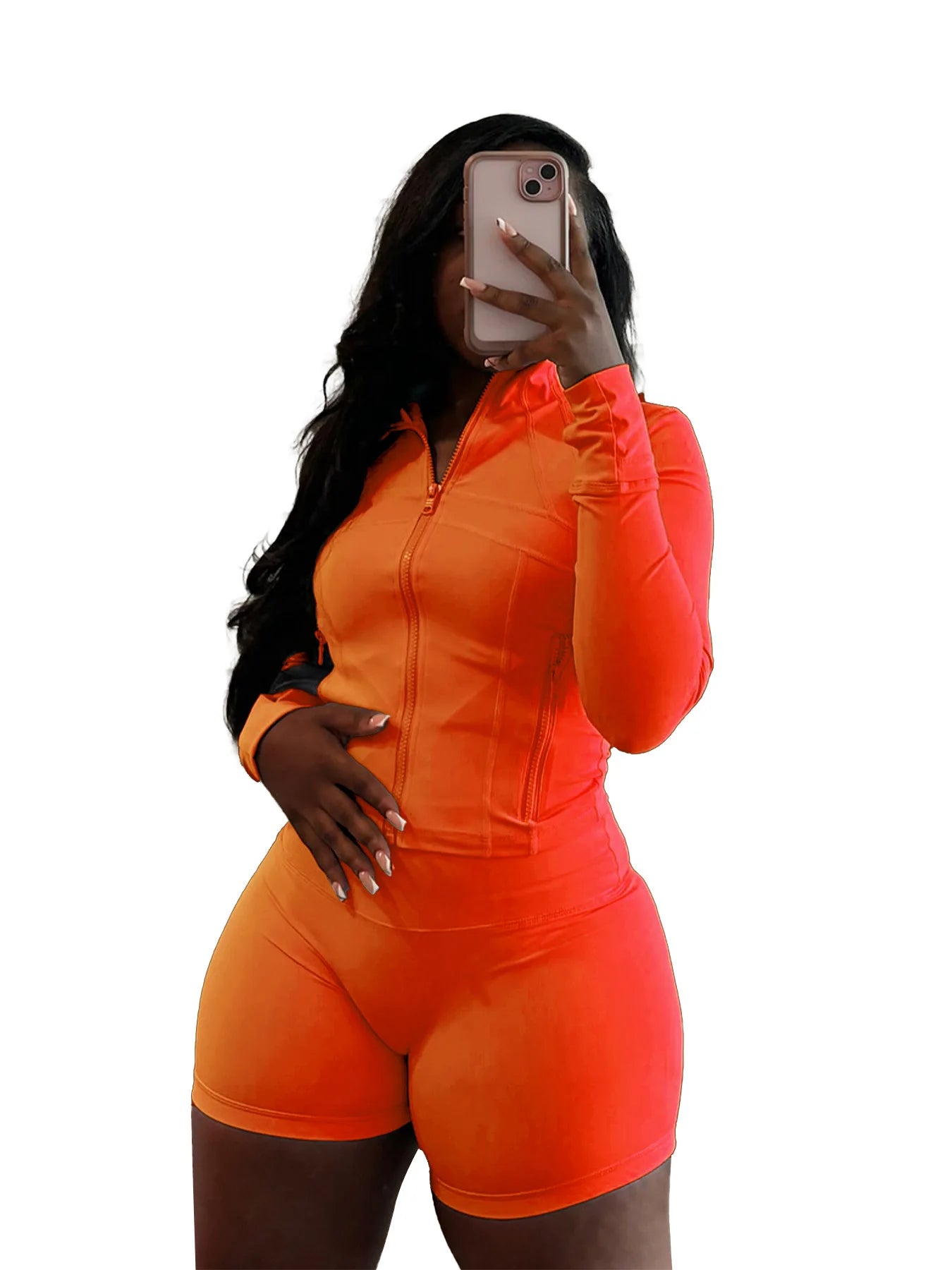 HLJ&GG Casual Sporty Skinny Shorts Two Piece Sets Women Zip Long Sleeve Slim Top + Shorts Outfits Summer New Stretchy Tracksuits