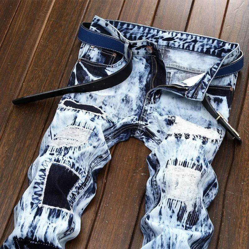 Denim Embroidered Patchwork Ripped Jeans (without Belt) Slim Fashion High Street Motorcycle Denim Pants Male Designer Clothes, men's jeans