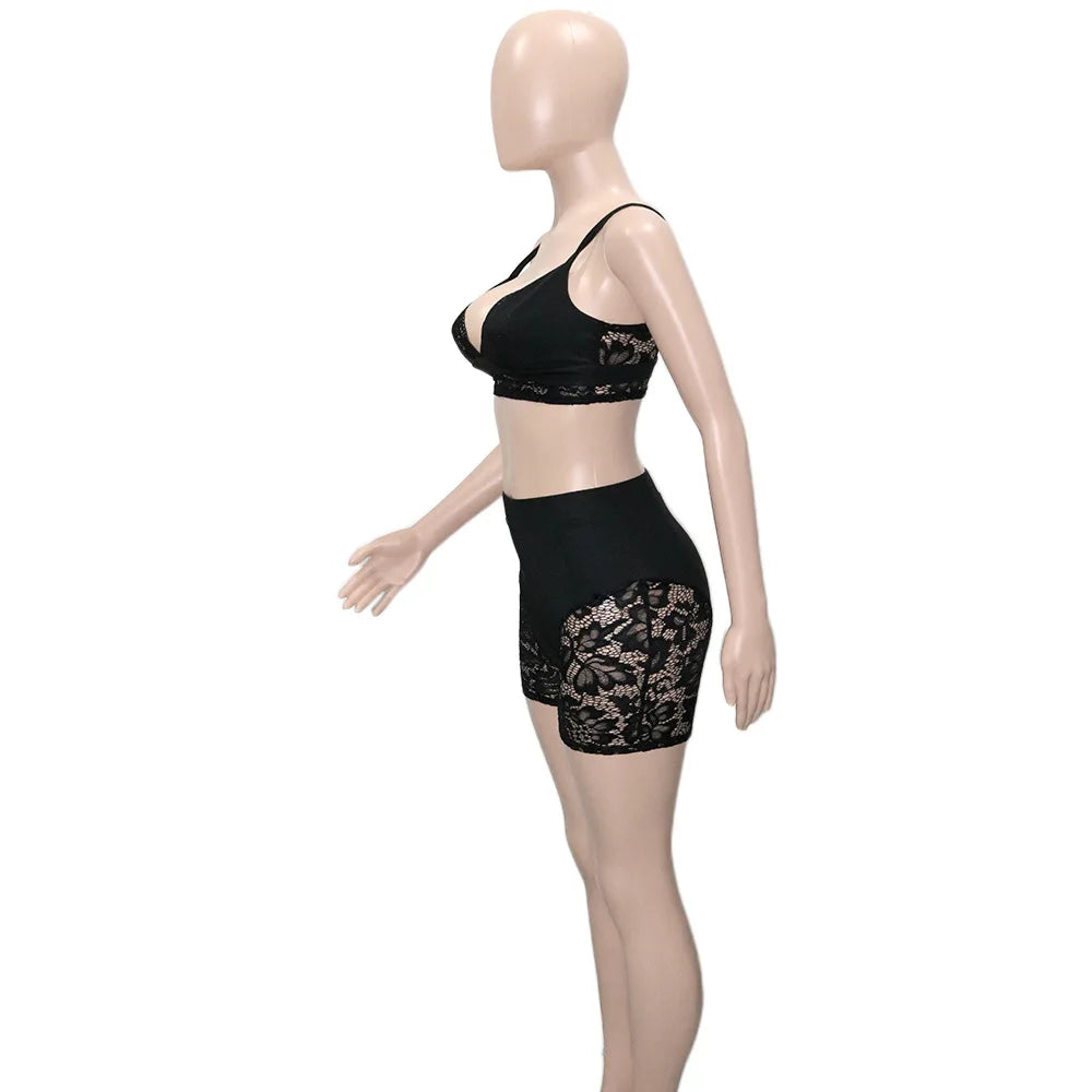 HLJ&GG Sexy Lace Hollow See Though Two Piece Sets Women V Neck Spaghetti Strap Slim Crop Top + Shorts Outfits Fashion Streetwear