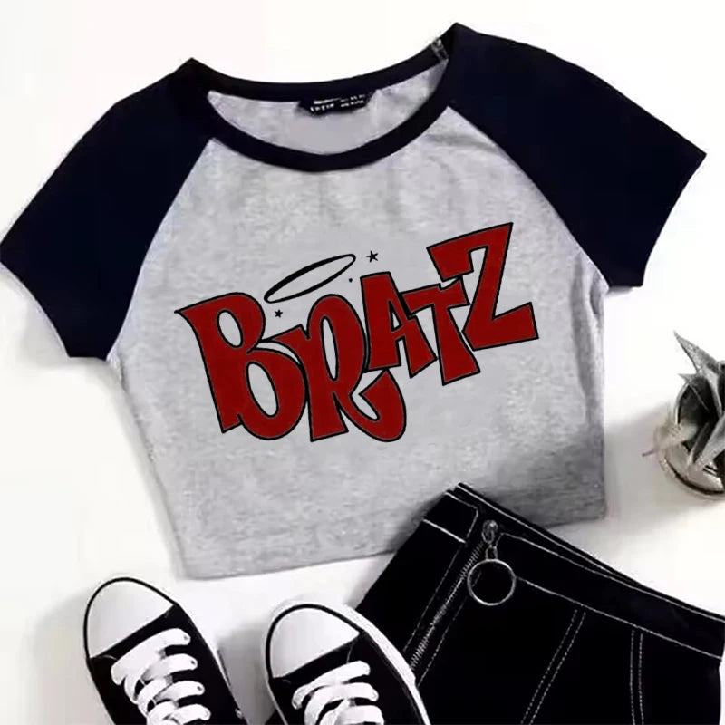 T Shirt Woman 2025 New in Cropped Cherry Print Crew Neck T-shirt Y2K Short Sleeve Fit Crop Top Spring Summer Women's Clothing